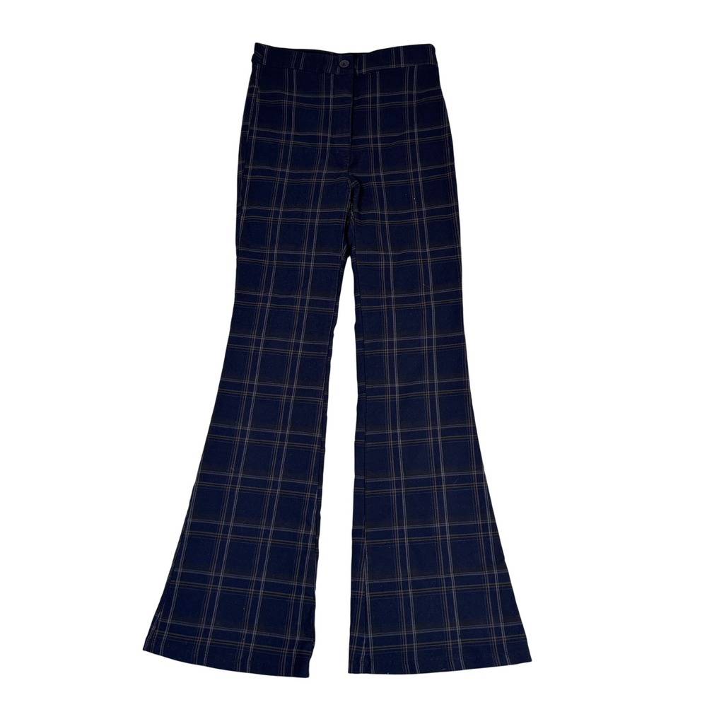 Garage Navy Blue Plaid High Waisted Flare Bell Bottom Pants Small P/S